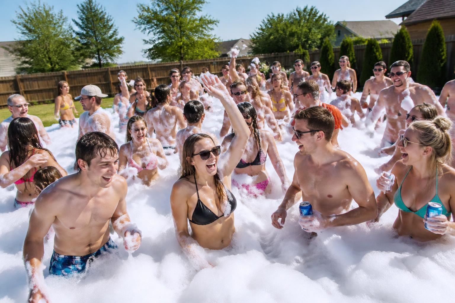 Crowd dancing in thick white foam at night party